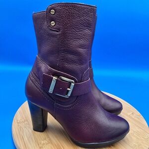 Clarks Indigo 64505 Women's 6.5 M Leather Ankle Boots Plum‎ Burgundy Block Heel